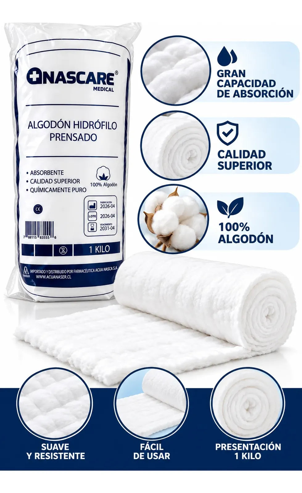 ALGODÓN HIDROFILO ROLLO 1 KILO PREMIUM NASCARE